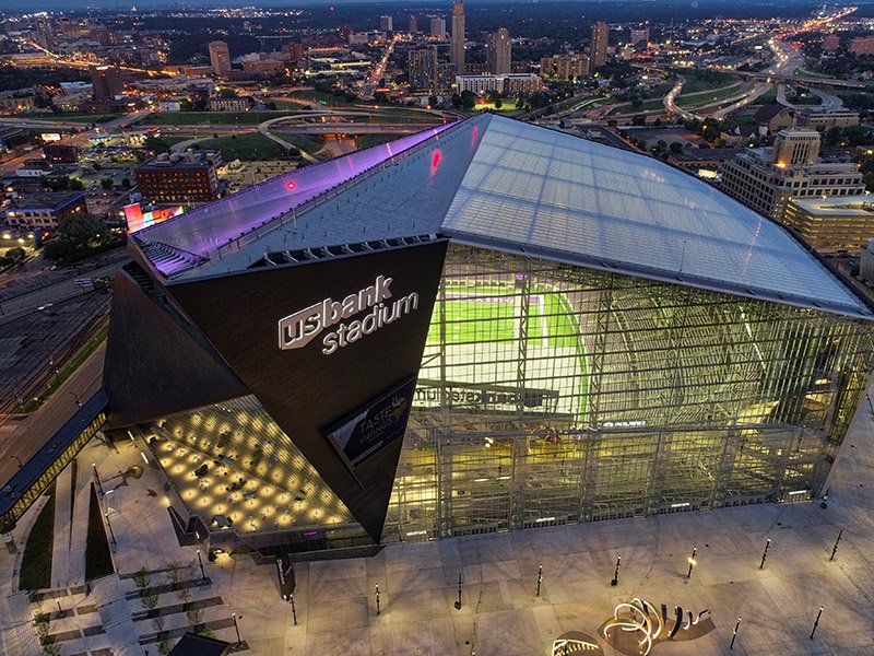 aerial view of US bank stadium at night