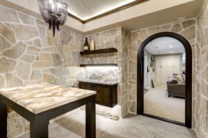 brown wine cellar with hallway to living room