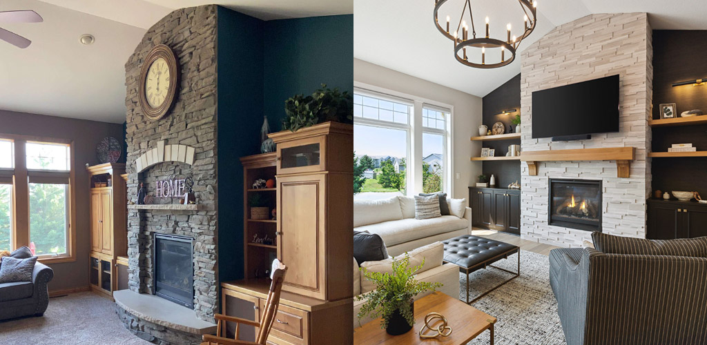 Hastings Hideaway Before and After Living Room Fireplace - Custom One Renovation